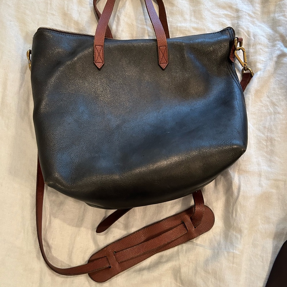 Madewell Black Leather Tote Bag with Brown Straps